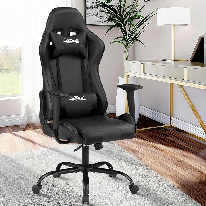 BLKMTY Gaming Chair Office Chairs High Back Computer Leather Desk Chair Racing Executive Ergonomic Adjustable Swivel Task Chairs with Headrest and Lumbar Support Black