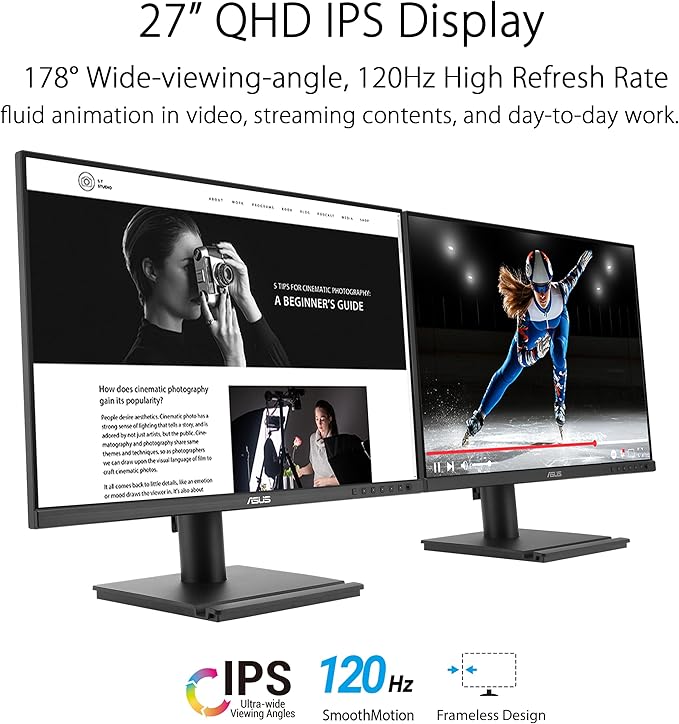 ASUS 27 1440P Business Monitor (BE27AQG) - QHD (2560x1440) IPS 120Hz Ergonomic Design Speakers Height Adjustable Power Sync Eye Care VESA Wall Mountable 3 yr Warranty TAA Compliant
