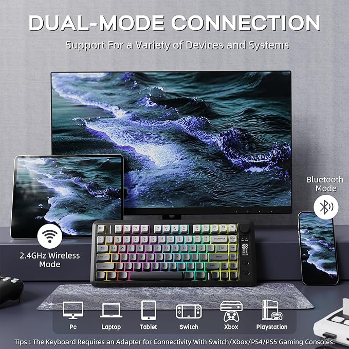 M75 Wireless Mechanical Feel Gaming Keyboard Bluetooth/2.4Ghz Membrane with Knob &amp OLED Display Rainbow Backlit Gradient PBT Keycaps 2000mAH Battery Anti-Ghosting-Moonnight