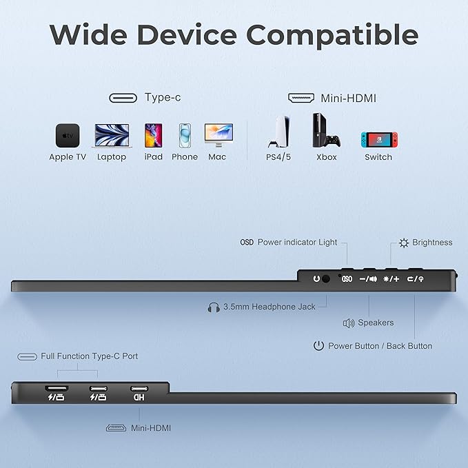 Portable Monitor for Laptop-14'' 1200P 100% sRGB FHD IPS Display Ultra-Slim USB-C HDMI External &amp Travel Monitor with Cover &amp Speakers for Laptop/PC/Mac/Phone/Xbox/Switch/PS4