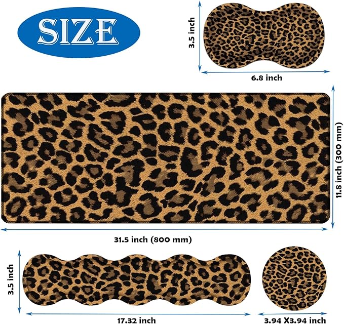 4 in 1 Mouse Pad Combo Large Gaming Mouse Pad + Keyboard Wrist Support + Mouse Wrist Rest + Coaster Table Pad with Stitched Edge Memory Foam Ergonomic Wrist Pad Set Leopard Print