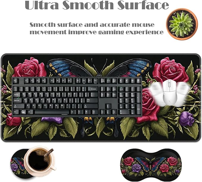 Ergonomic Keyboard Wrist Rest &amp Mouse Pad Wrist Rest SetXL Gaming Desk Mat 31.5x 11.8Non-Slip BaseMemory FoamEasy Typing Pain Relief for Office &amp HomeBlue Butterfly with Red Roses
