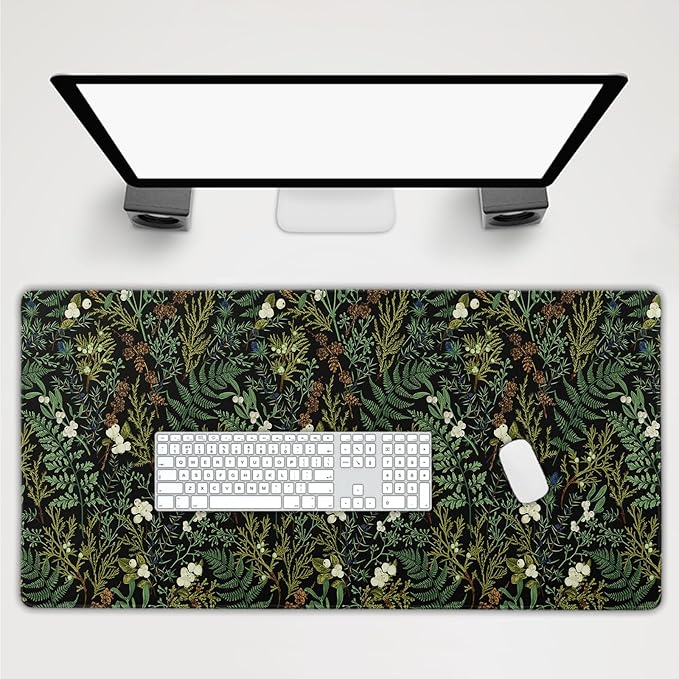 Black Aesthetic Vintage Botanical Gaming Mouse Pad Extended 3XL Cute Forest Green Plant Nature Floral Large Big Mousepad Non-Slip Stitched Edge Long Mat for Desk Computer47.2x23.6 Inch120x60 CM