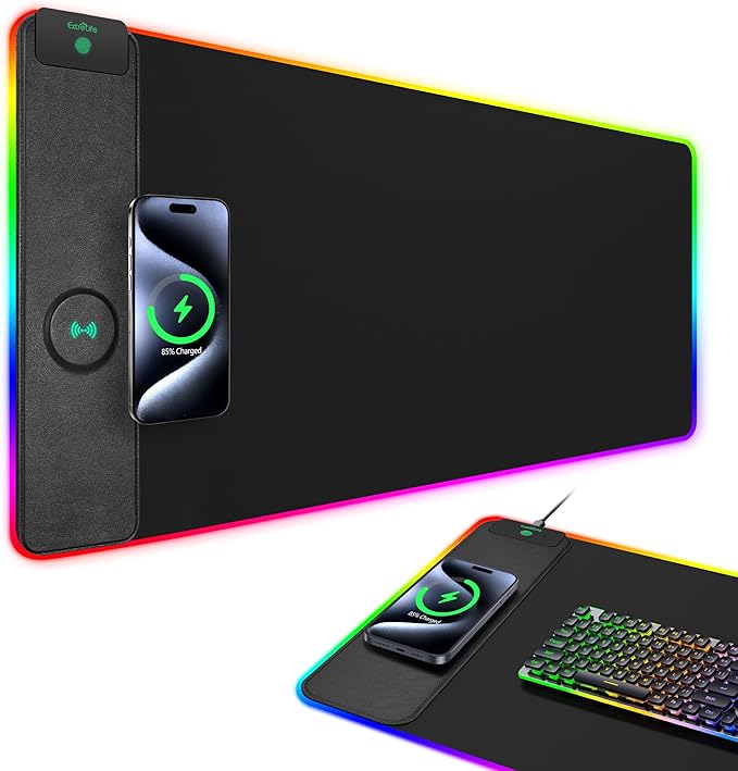Mouse Pad with Wireless Charging RGB Gaming Desk Mat Large XXL Desk Pad 15 Lighting Modes Ultra-Smooth Surface Non-Slip Mouse Mat Waterproof Computer Keyboard Pad for Gamer 800x400x4MM Black