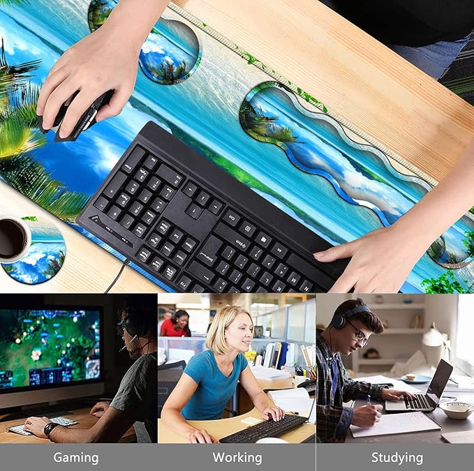 Large Mouse Pad Desk Mat Keyboard Pad+ Ergonomic Keyboard Wrist Rest Set Big Extended Laptop Protector Writing Mat for Desktop Home Office Coconut Trees on Sands Beach Seascape Gaming Mouse Pad