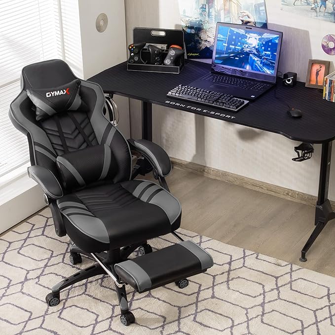 GYMAX Gaming Chair Ergonomic Computer Chair with Footrest Linkage Armrests &amp Lumbar Cushion Big Wide High Back Video Gaming Chair Reclining Office Rolling Chair for Adult/Teens (Gray)