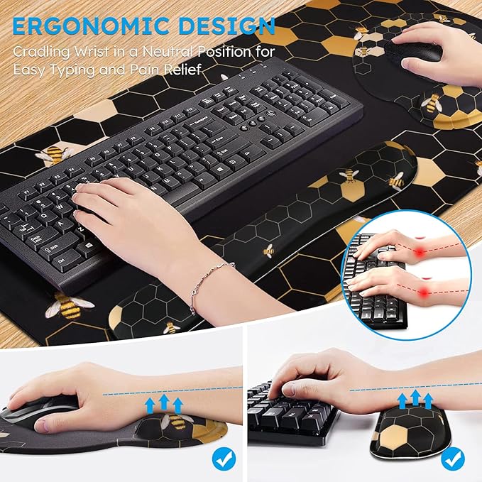 iCasso Desk Mat Gaming Mouse Pad Wrist Support Set4in1 XXL Large Mousepad + Keyboard Wrist Rest+Mouse Wrist Rest+Coaster Set with Ergonomic Design for Home Office Table Computer-Honeycomb