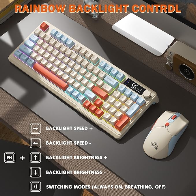 ZIYOU LANG T96 Wireless Gaming Keyboard and Mouse ComboDual Bluetooth/2.4G RGB Backlit Mechanical Feeling Keyboard with Smart Display &amp Knob4000 DPI Gaming Mouse for PC Laptop Mac Wins-Blueberry