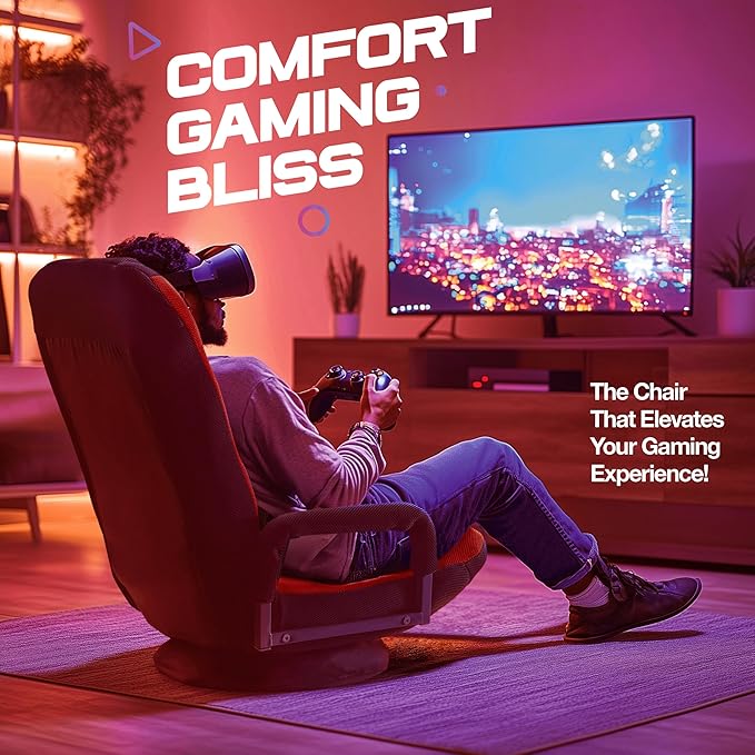 Swivel Floor Gaming Chair - Video Lounger Enjoy 6 Different Positions Adjustable Backrest Removable Arm Rests Folds to Store Stylish Blue with Black Center Stripe