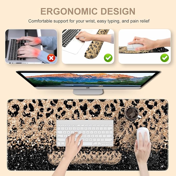 iLeadon Mouse Pad Set Desk Mat + Mouse Pad with Wrist Rest + Keyboard Wrist Rest + Coaster 4in1 Leopard Mouse and Keyboard Pad Set for Home Office Black Gold Leopard