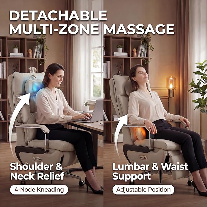 Dual Motor Executive Reclining Office Chair with Footrest – One-Click Electric Recline Massage Lumbar Support &amp Pillow Big and Tall PU Leather Ergonomic Desk Chair for Home Office/Gaming(White)