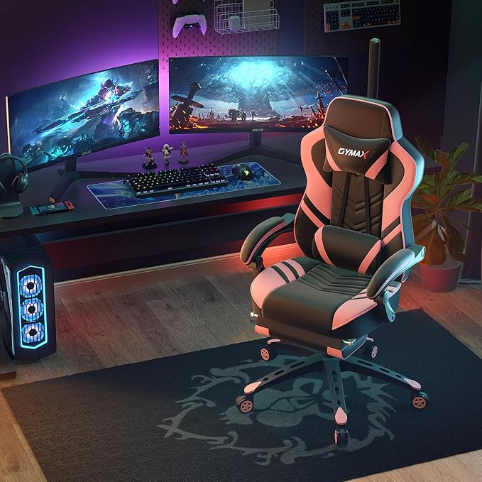 POWERSTONE Gaming Chair Video Game Chair with Footrest and Lumbar Support Racing Style PU Leather Computer Chair Ergonomic Adjustable Swivel Task Chair Pink