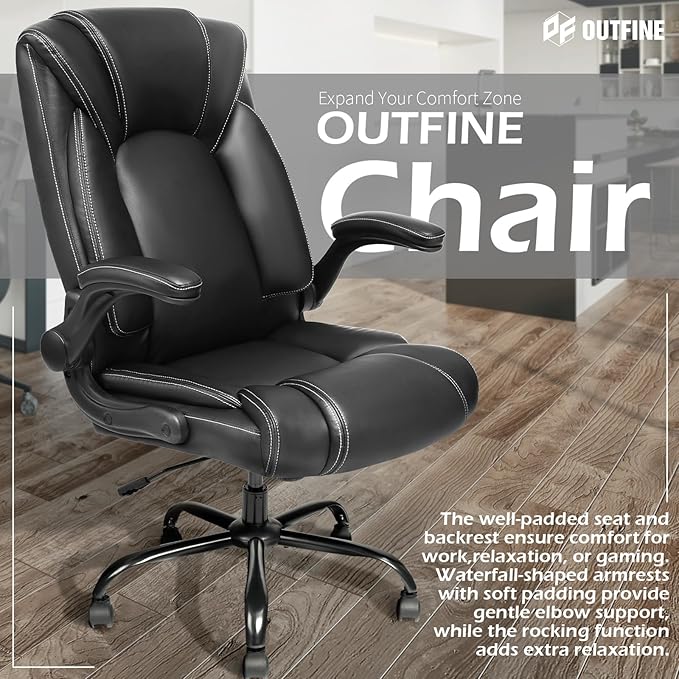 OUTFINE Flip-up Arms Office Chair 300lbs Executive Chair Swivel Office Chair with hydrolysis-Resistant Leather Spring Cushion Thick Padding and Ergonomic Design (Black Flip Arm Medium)