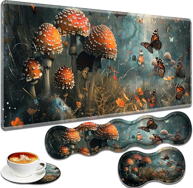 Large Gaming Mouse Pad + Keyboard Wrist Rest + Wrist Support + Coaster Set Memory Foam Ergonomic for Easy Typing XXL Extended Gaming Mouse Pad Table Pad - Mushroom Forest Butterfly