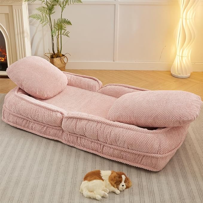 Floor Chair with Back Support Folding Sofa Chair with 5 Adjustable Position Plush Floor Gaming Chair Meditation Chair for Lazy Boys Human Dog Bed for Living Room Bedroom Lounge Pink