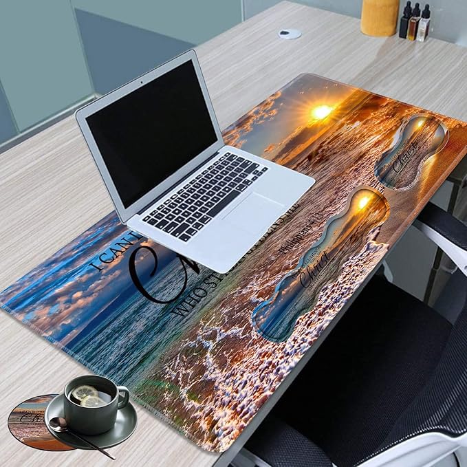 Gaming Mouse Pad Set Large Gaming Mouse Pad+Keyboard Wrist Rest+Mouse Wrist Rest+Coaster Easy Typing Pain Relief 31.5 × 11.8 inch Desk Mat for Home Office Beach Quoting Philippians 4-13
