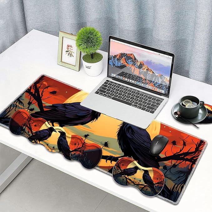 Large Gaming Mouse Pad Keyboard Wrist Rest Pad + Mouse Wrist Pad + Coaster 4 in 1 Set Extended Waterproof Non-Slip Desk Mat Suitable for Office Home Learning Games Branch Crow
