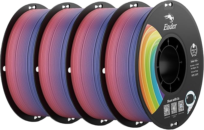 Creality PLA+ Filament 1.75mm Rainbow 4KG 3D Printer Filament 4 Pack 1kg Cardboard Spool Strong Toughness No-Tangling Accuracy +/-0.02mm Multi-Color 3D Printing Filament for Most FDM Printers
