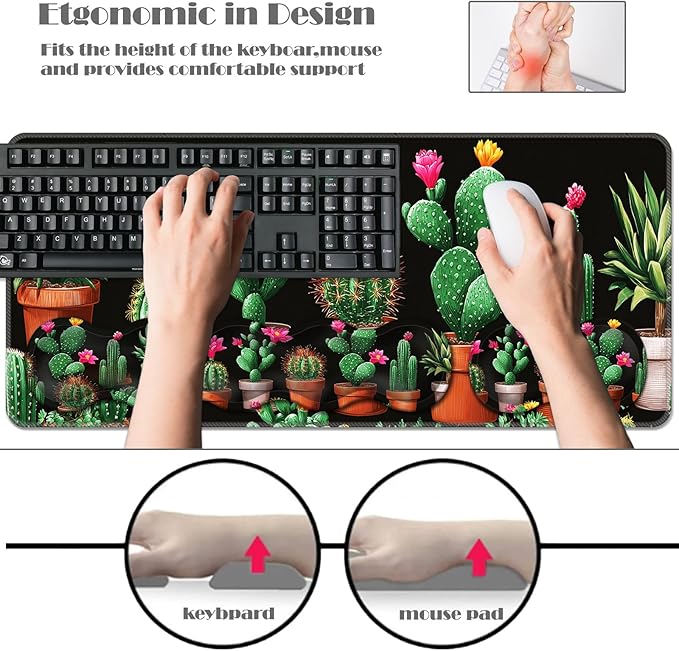 Ergonomic Keyboard Wrist Rest &amp Mouse Pad Wrist Rest SetXL Gaming Desk Mat 31.5x 11.8Non-Slip BaseMemory FoamEasy Typing Pain Relief for Office &amp HomeFloral Cactus