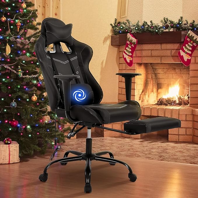 BLKMTY Massage Gaming Chair with Footrest Ergonomic Office Chair Racing Computer Chairs PU Leather with High Back Lumbar Support Headrest Reclining Chairs Black