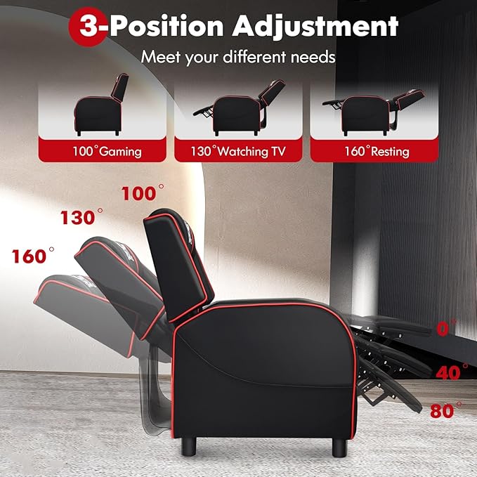 GYMAX Gaming Recliner Massage Gaming Chair with Adjustable Footrest Remote Control &amp Side Pocket Ergonomic Game Lounge Chair Racing Style Single Theater Seat Game Sofa for Adults (Red)