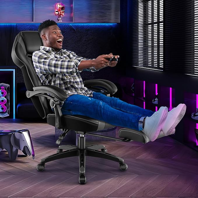 COSTWAY Gaming Chair Ergonomic Adjustable Racing Video Game Chair w/Retractable Footrest Padded Headrest &amp Lumbar Support High Back Reclining Home Office Computer Gamer Chair for Adults (Grey)