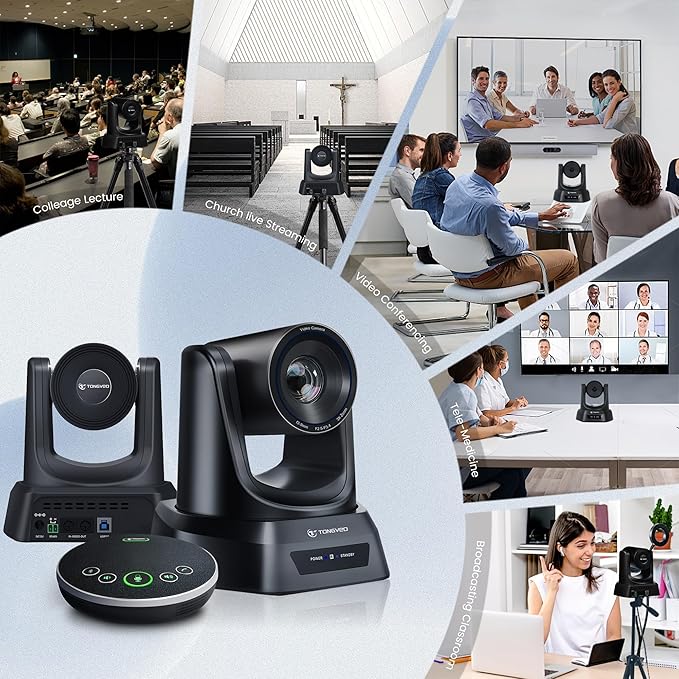 TONGVEO AI Wireless PTZ Camera System with Auto Tracking Built-in Receiver &amp Bluetooth Speakerphone 5.8GHz 1080P 60fps Conference Camera with 3X Optical Zoom for Church Zoom OBS Meetings