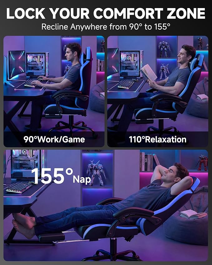 GTPLAYER Gaming Chair for Adults Ergonomic Computer Gaming Chair with Footrest Height Adjustable 90-155° Recline &amp Removable Headrest Lumbar Support Black&ampBlue