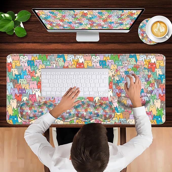 Mouse PadLarge Pink Desk Mat 4in1 XXL Mousepad + Keyboard Wrist Rest+Mouse Wrist Rest+Coaster Set with Ergonomic Desk Pad for Home Office Table Computer-Colorful Cats