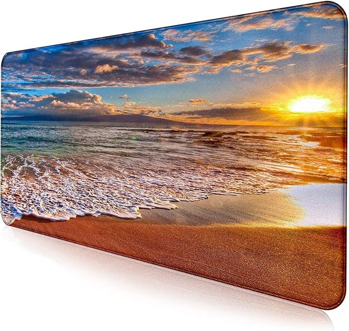 Large Extended Gaming Mouse Pad with Stitched Edges Non-Slip Waterproof Rubber Base Mouse Pad for Office Computer Keyboard Laptop and Home Desk Pad 35.4 x 15.7 x 0.12 Inch (Beach At Sunset)