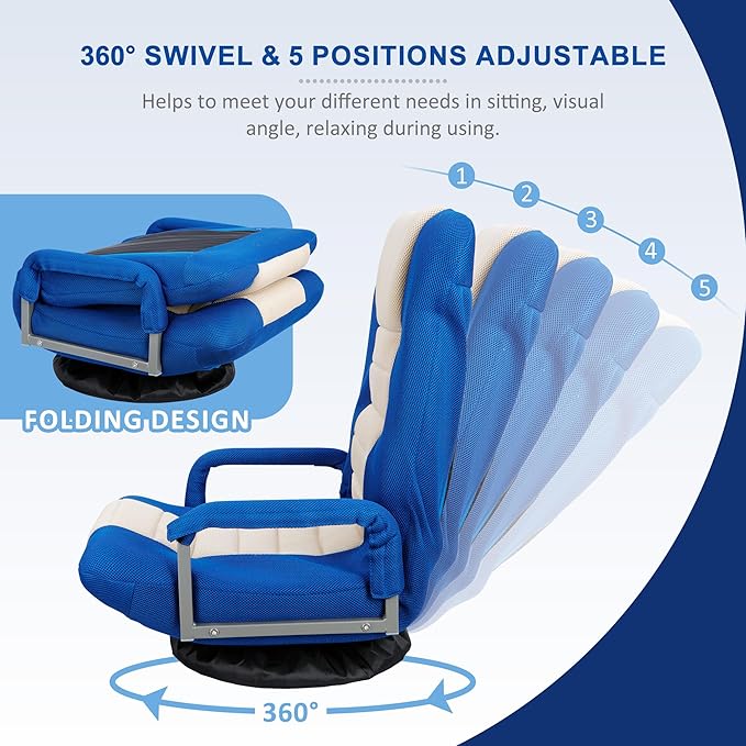 SUPER DEAL Floor Gaming Chair with Arms Floor Lazy Lounger Chair with Adjustable 5 Positions 360 Degree Swivel for Adults Teens Reading Relaxing Watching TV Blue and Beige