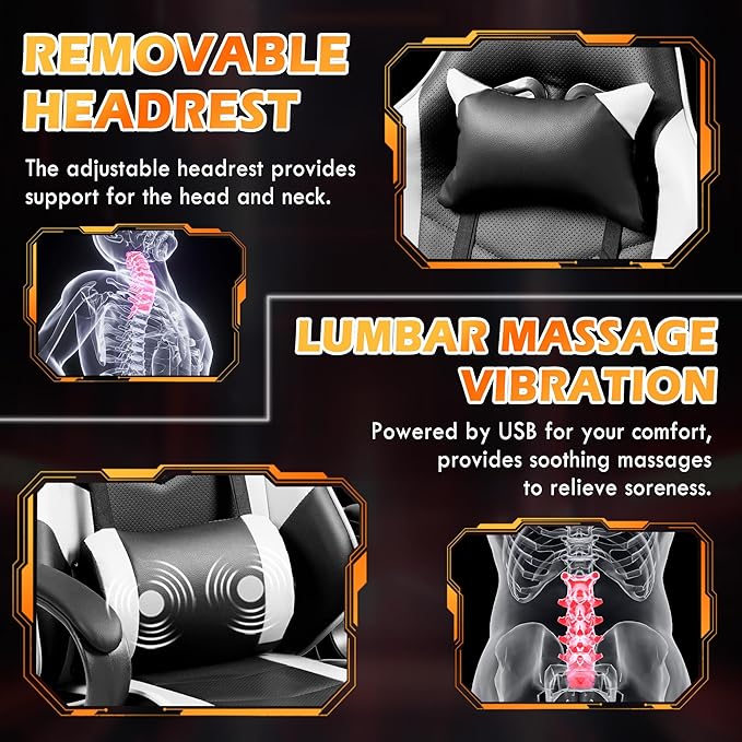 ECOTOUGE Gaming Chair for Boys Ergonomic Computer Gamer Chair with Massage Lumbar Support &amp Rocking High Back 360° Swivel Video Game Chair for Gaming or Office Height Adjustable (White)