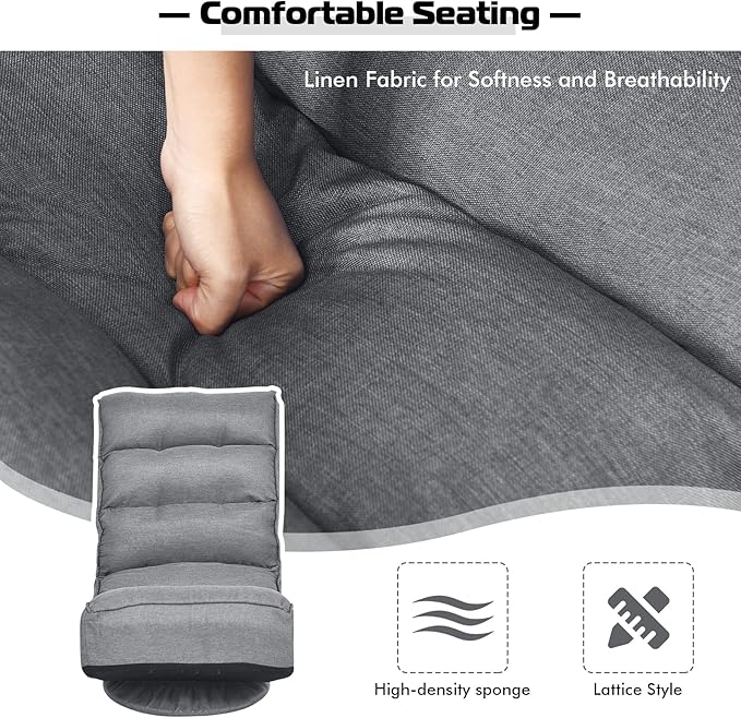 COSTWAY Folding Floor Chair Adjustable 5-Position Video Gaming Chair with 360 Degree Swivel Detachable Cover Padded Backrest Multipurpose Living Room Floor Lounger for TV Reading Playing (Grey)