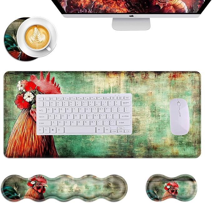 Mouse PadLarge Desk Mat Set 4in1 XL Mousepad + Keyboard Wrist Rest+Mouse Wrist Rest+Coaster with Ergonomic Desk Pad for Home Office Table Computer Cover -Flower Crown Rooster