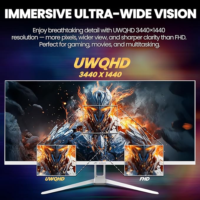 CRUA 34'' White Gaming Monitor 165HZ/144HZ WQHD(3440x1440P) IPS UltraWide Screen Computer Monitors with Built-in Speakers Supports FreeSync 120% sRGB HDMI 2.0 &amp DP 1.4 Wall Mountable Install