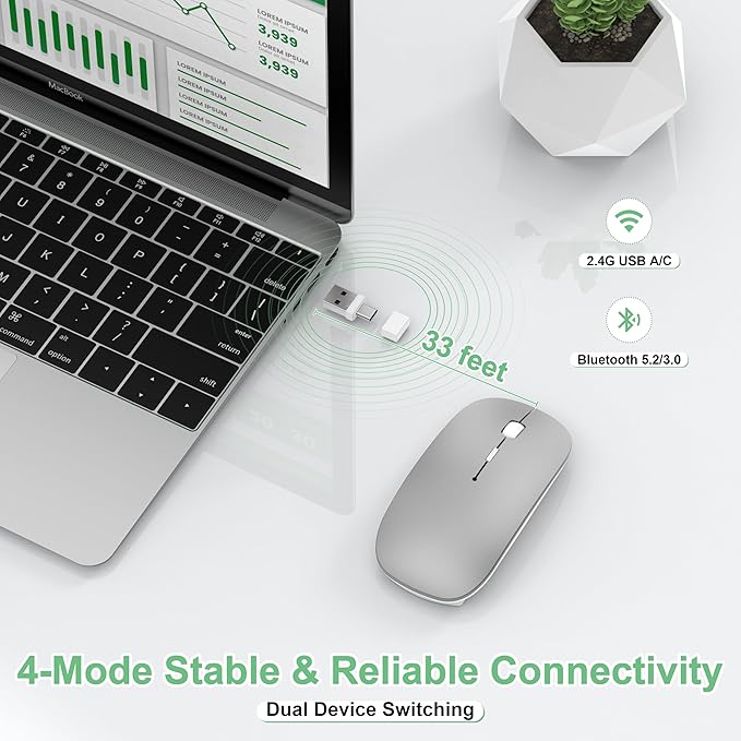 Wireless Mouse for Laptop/MacBook Air/Pro &amp iPad Mouse Jiggler Mode Bluetooth 5.2/2.4G Rechargeable Silent Click 3-Level DPI Slim Portable USB-A&ampC Receiver (Mouse Jiggler Mode Silver)