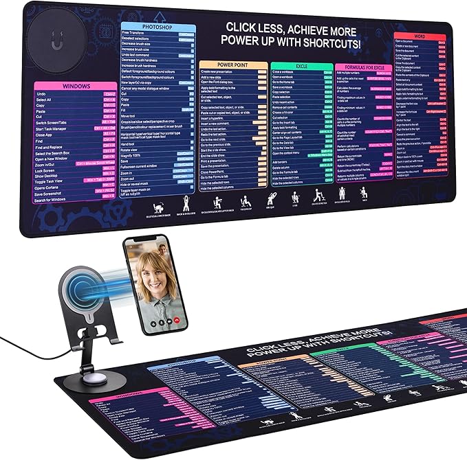Magnetic Wireless ChargingExcel Cheat Sheet Mouse Pad with Phone Stand Extended Excel Shortcuts Desk Pad Waterproof Ultra-Smooth Keyboard Mat Non-Slip Base (Not Included Adapter 9V 2A)