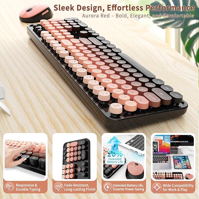 Wireless Keyboard and Mouse Combo Retro Typewriter Keyboard with Round Keycaps Full-Size Ergonomic Aurora Red Ideal for Windows PC Home Office and College