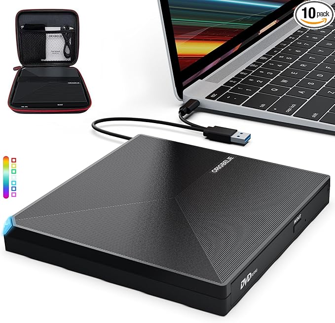 External CD DVD Drive Portable Type C &amp A USB 3.0 DVD +/-RW Player Burner Reader Writer Optical CD ROM Disc Drive for MacBook Laptop Desktop PC Mac OS Windows Linux with Carrying Case