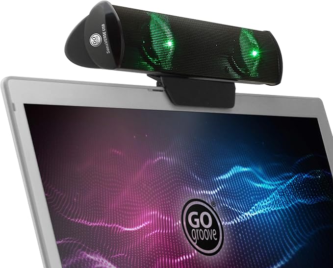 GOgroove SonaVERSE LED Speaker for Laptop Computer - USB Powered Clip-On Sound Bar with Mini Portable External Speaker Design for Monitor Back Switch for Power - Audio Input and Power (Green)