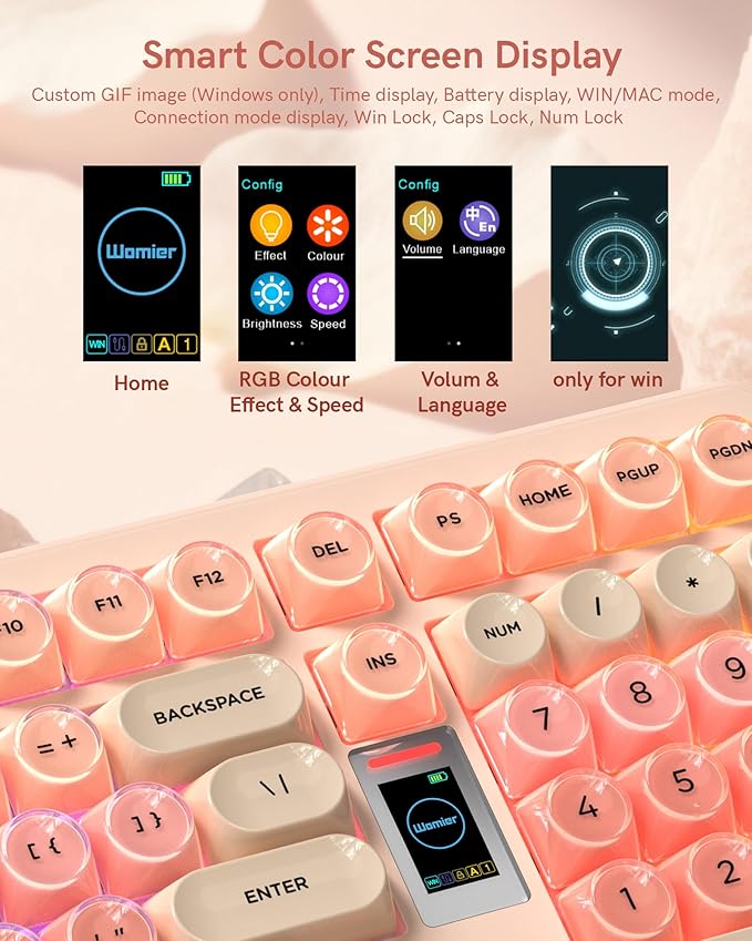 Keymatic Foundation Mechanical Keyboard98% Pink Creamy Keyboard Gaming Keyboard3 Mode with Multimedia ScreenRGB BacklitJelly MOA Profile keycaps for Win/MacPink