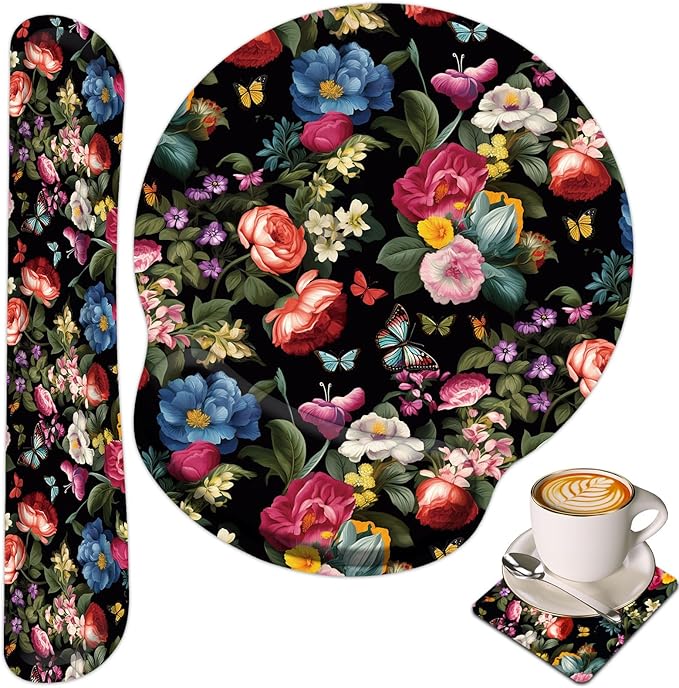 Keyboard Wrist Rest and Mouse Wrist Rest Pad with Cup CoasterMade of Memory FoamErgonomic SupportEasy-Typing and Pain Relieffor Gaming Office Home ComputerButterfly Flower