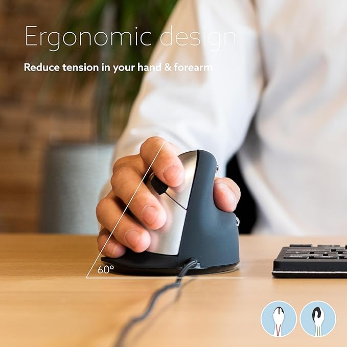 R-Go HE Ergonomic Mouse with Break Software USB-C Wired (with USB A Converter) Vertical Design Anti Carpal Tunnel Silent Click Customisable Buttons Compatible for Windows/Mac OS Black/Silver