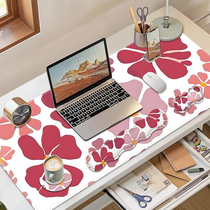 Desk Mat Gaming Mouse Pad Cute Desk Matt Keyboard Wrist Rest for Desktop Anti-Slip Mousepad w/Stitched Edges XXL Large Mouse Pad with Wrist Support for Desk Computer I Burgundy Lucky Flower