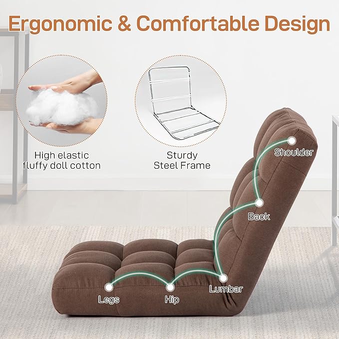 Floor Chair with Back Support Folding Chair with 6 Adjustable Position Padded Sleeper Bed Floor Gaming Chair Meditation Chair Gaming Floor Chairs for Adults (Country Rustic Brown)