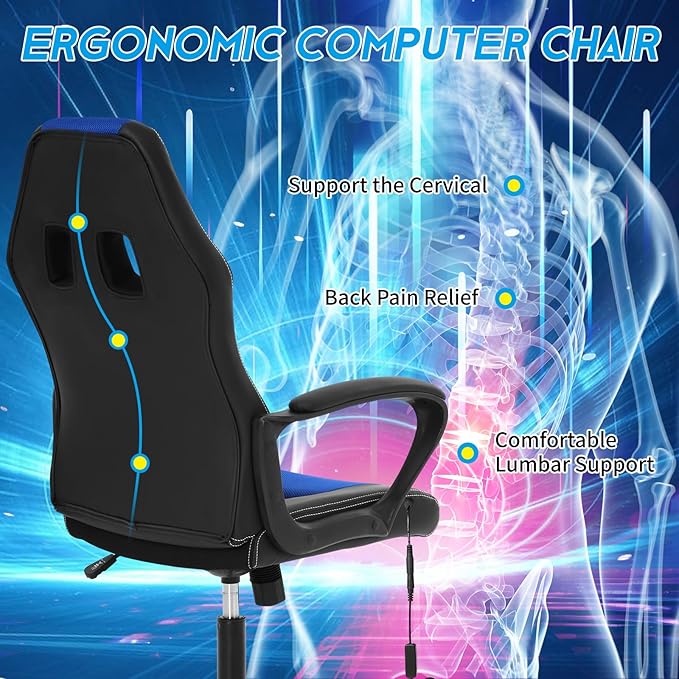 Video Gaming Chair with Massage Function Ergonomic Computer Desk Chairs Home Office Desk Chair with Lumbar Support Adjustable Height Swivel Wheels Blue