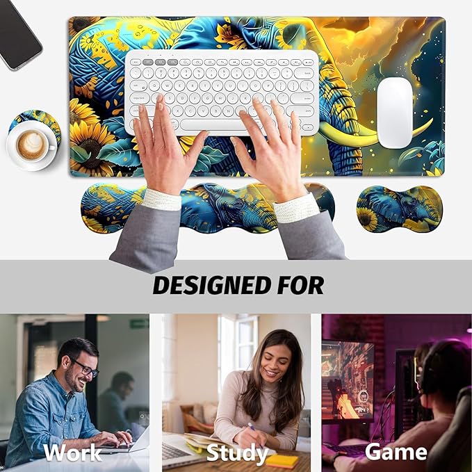 4 in 1 Large Gaming Mousepad Coaster Memory Foam Ergonomic Keyboard Mouse Wrist Rest Non-Slip Rubber Base Stitched Edges Office Desk Mat Protector for Computer Home Office Elephant Sunflower Field
