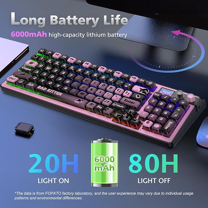 H98 Wireless Mechanical Keyboard96-Key Hot-Swappable Wired Gaming KeyboardTri-Mode Bluetooth 5.0 2.4G USB-C1.14 Color ScreenDouble Knob6000mAhRGBPBT Keycaps for PC Mac iPad-Black