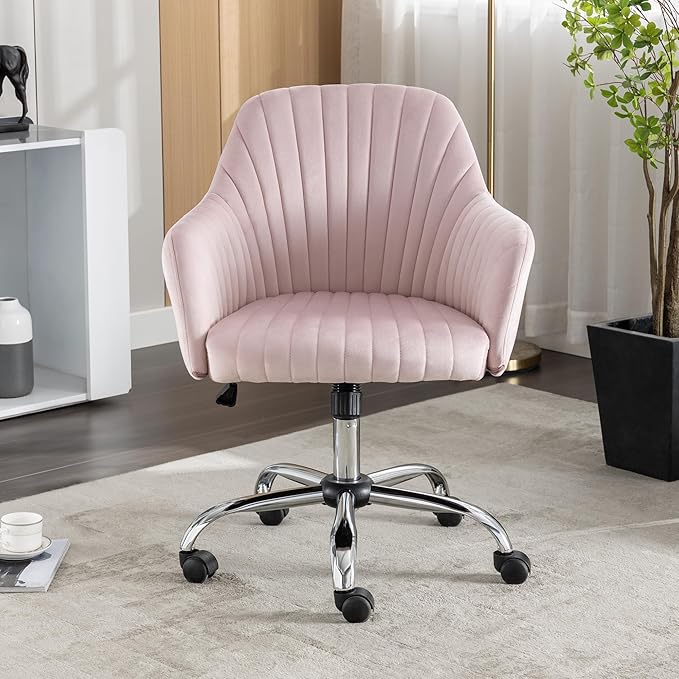 AMNOOL Office Chair Velvet Upholstered Lounge Chair Gaming Chair Makeup Chair Adjustable Height and Adjustable Casters Curved Back for Bedroom Office Study Room (Pink)