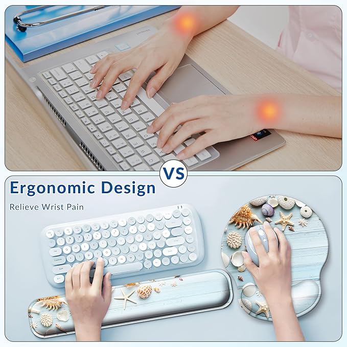 Desk Mat Set + Keyboard and Mouse Pad with Wrist Rest Support4-in-1 Large Mousepad Computer Mats for Desktop Home &amp Office-Blue Shells